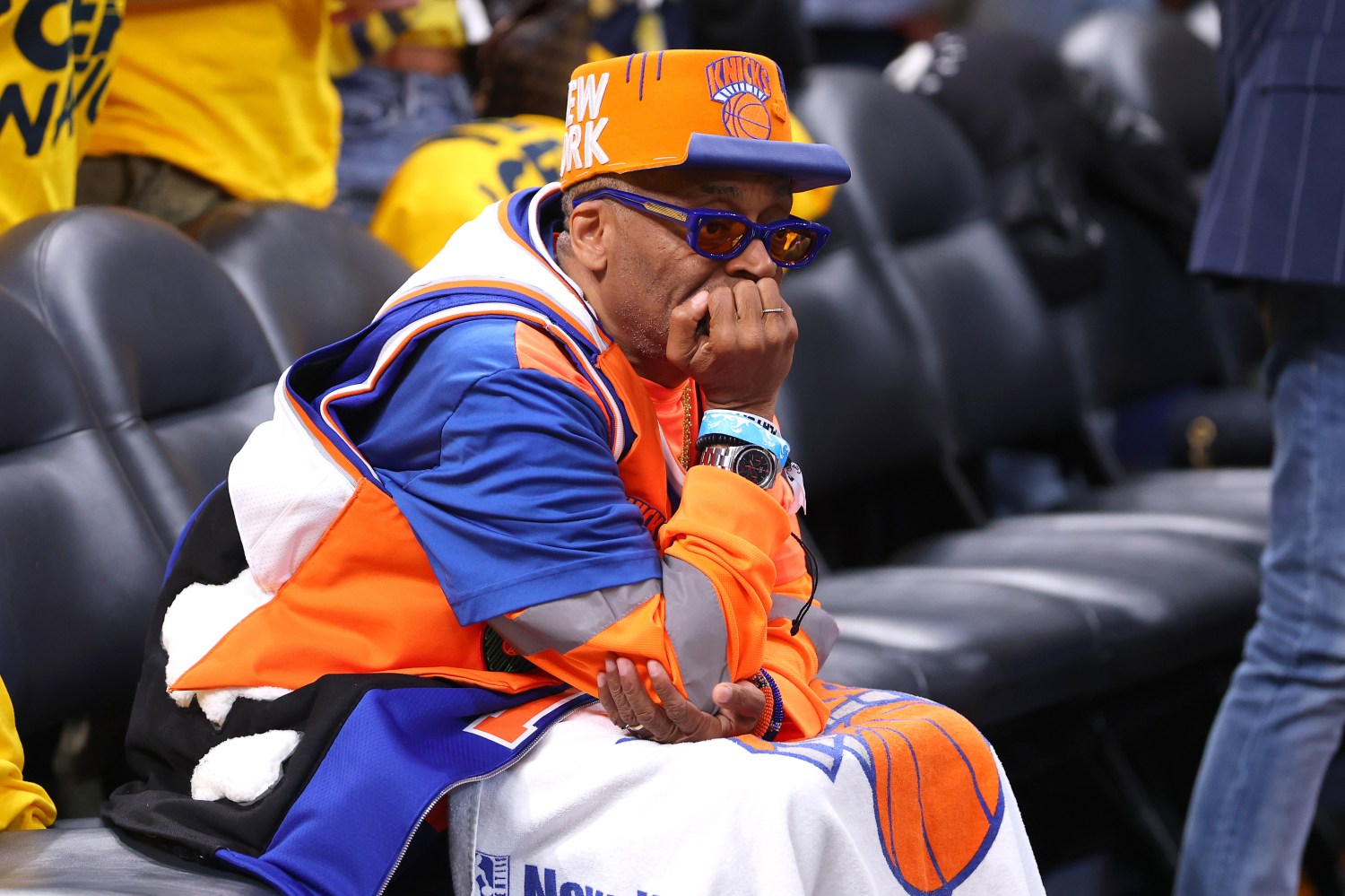 INDIANAPOLIS, INDIANA - MAY 27: Spike Lee looks on prior to Game Four of the Eastern Conference Finals of the 2025 NBA Playoffs between the New York Knicks and the Indiana Pacers at Gainbridge Fieldhouse on May 27, 2025 in Indianapolis, Indiana. NOTE TO USER: User expressly acknowledges and agrees that, by downloading and or using this photograph, User is consenting to the terms and conditions of the Getty Images License Agreement. (Photo by Gregory Shamus/Getty Images)