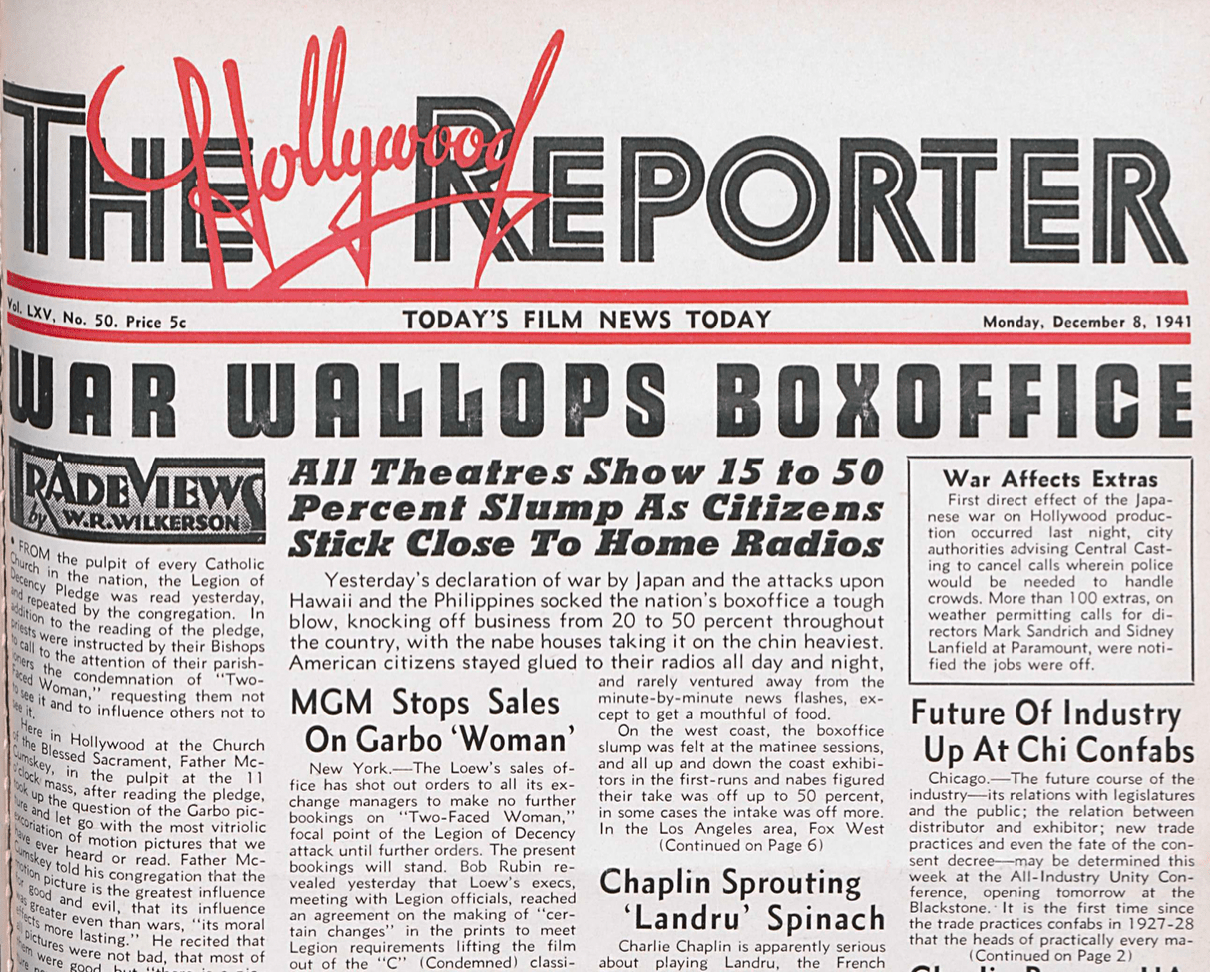 The Hollywood Reporter's front page the day after the Pearl Harbor attack in December 1941.